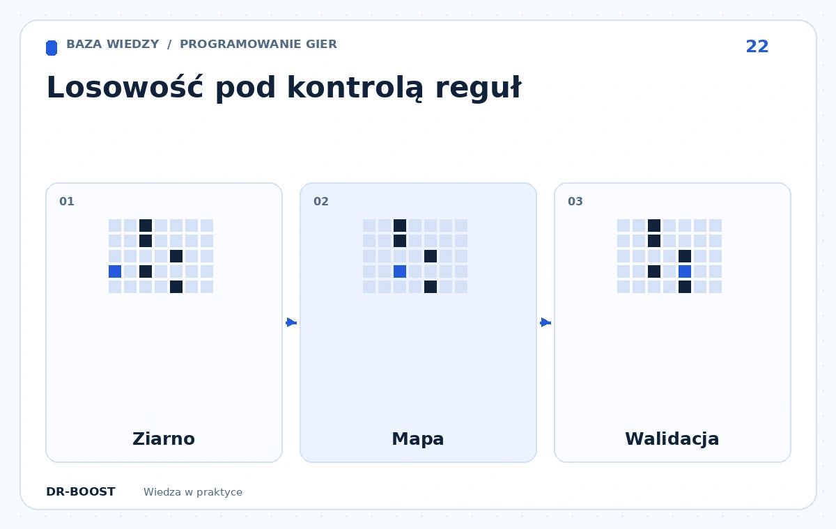 Schemat edukacyjny: Losowość pod kontrolą reguł. Etapy: Ziarno, Mapa, Walidacja.