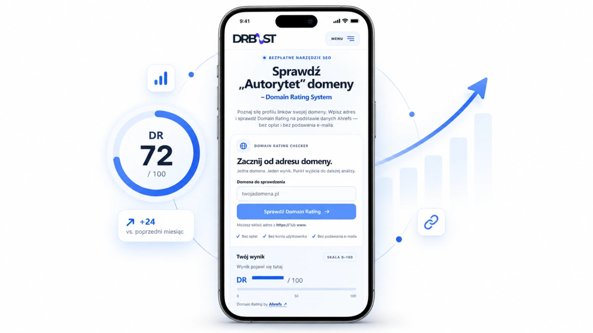 Podgląd narzędzia DR-BOOST na smartfonie - ekran sprawdzania Domain Rating z wykresem wzrostu i wynikiem DR